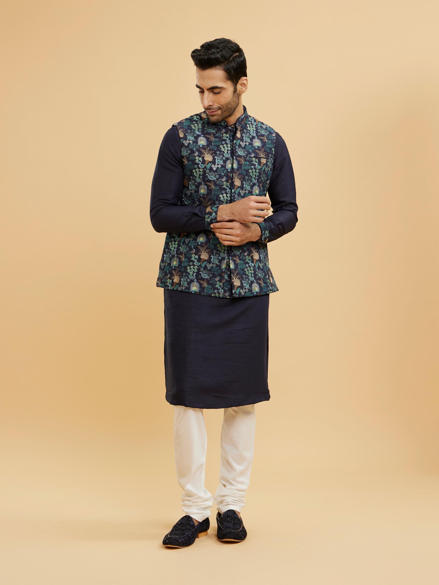 Twamev Men Navy Blue Kurta Set with Village Inspired Motifs
