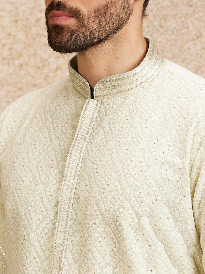 Twamev Men Pista Green Chikankari Kurta Set