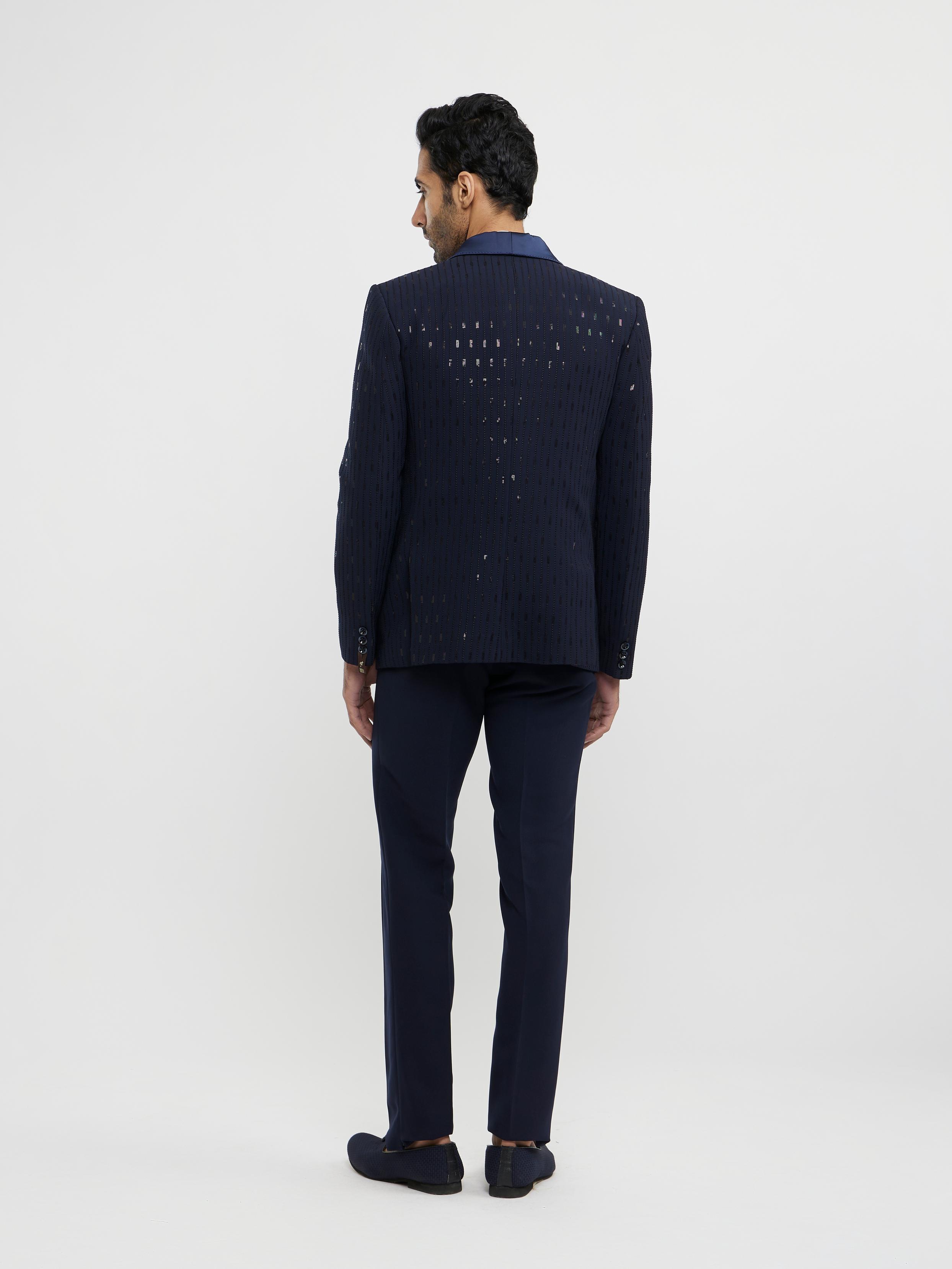 Twamev Men Navy Blue Linear Patterned Sequinned Suit Set