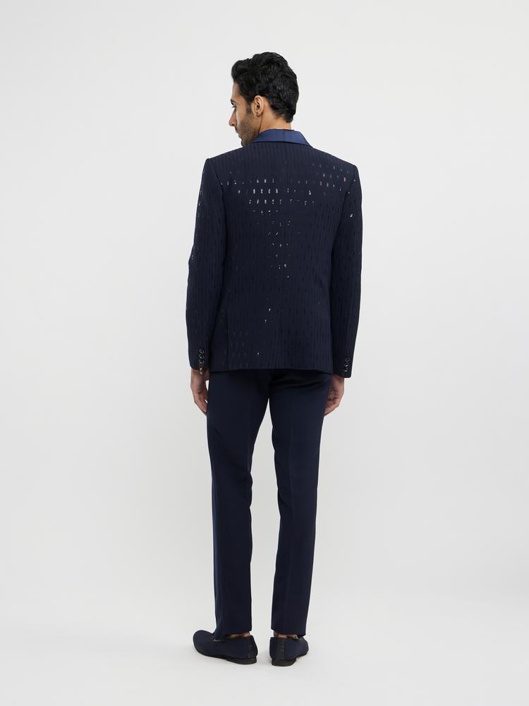 Twamev Men Navy Blue Linear Patterned Sequinned Suit Set