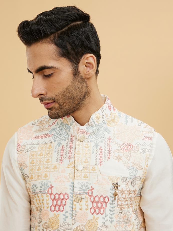 Twamev Men Cream White Jacket Set with a Medley of Geometrical And Floral Motifs