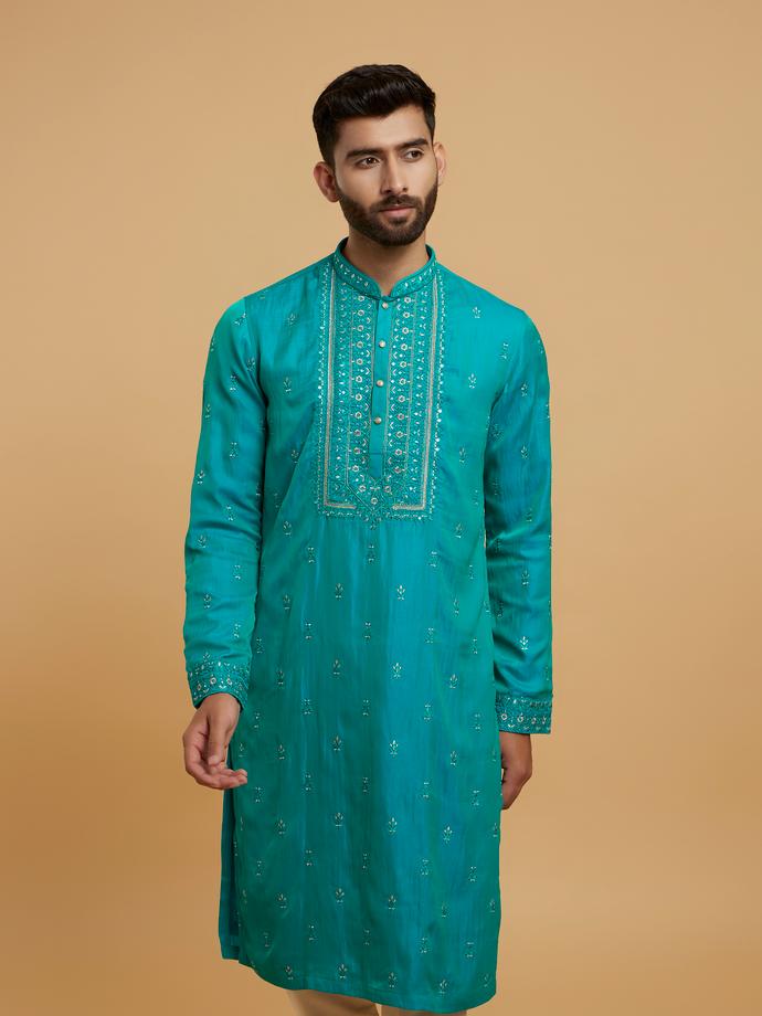 Twamev Men Turquoise Blue Satin Kurta Pajama