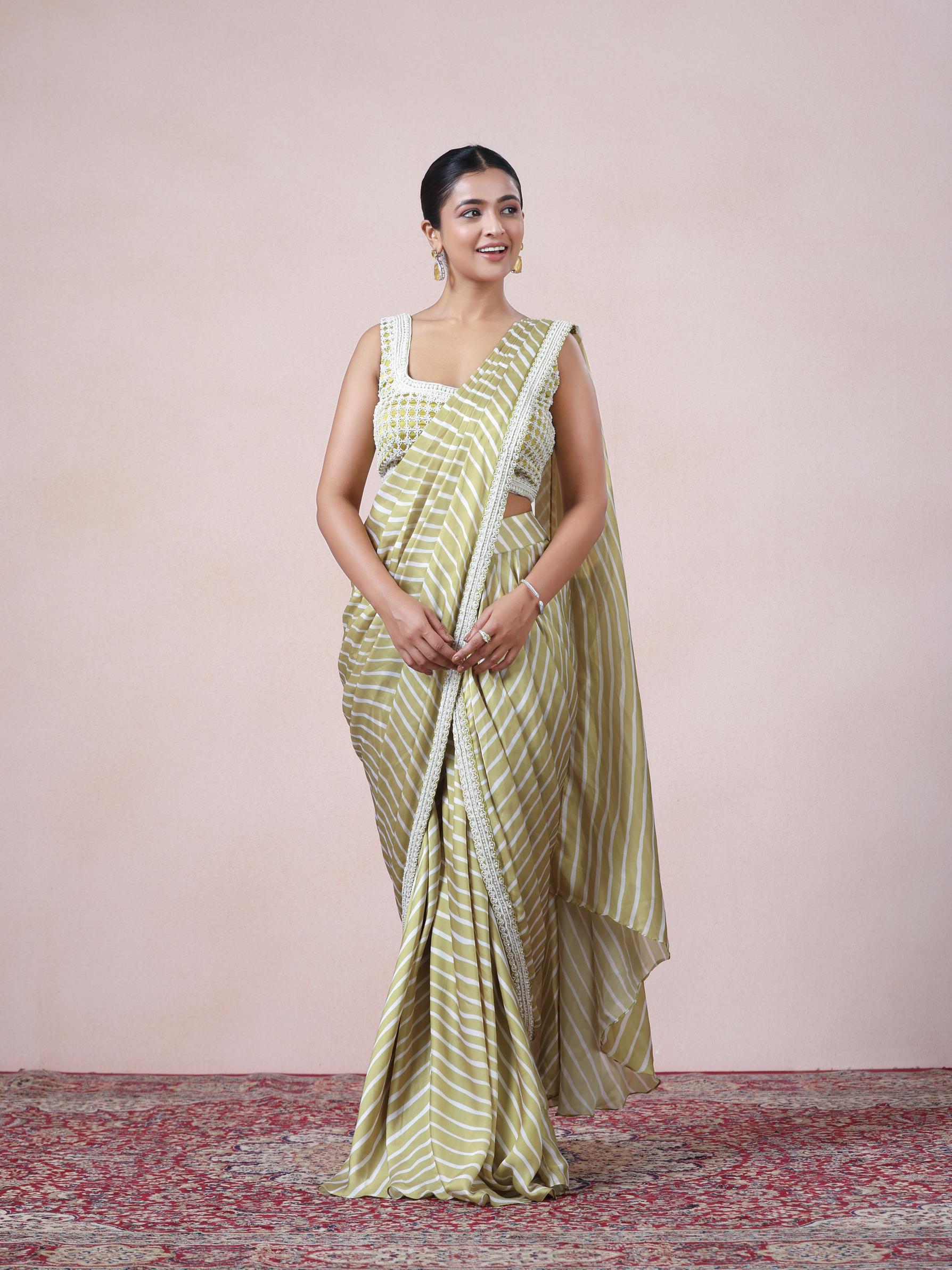 Twamev Women Chic Sophistication in Green Satin Indo Western Saree