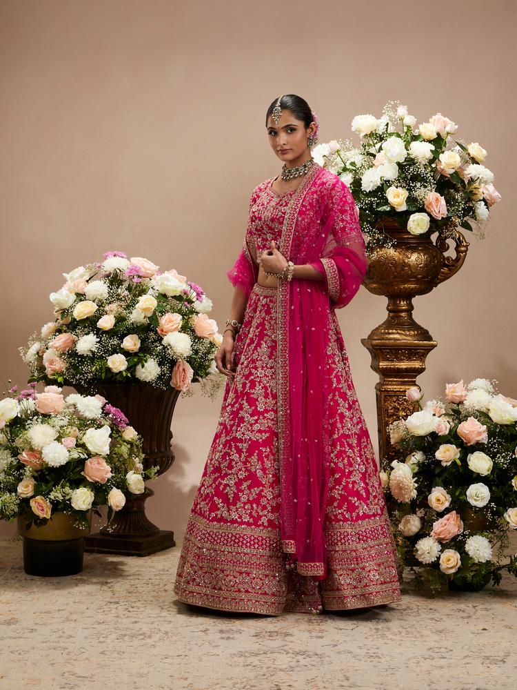 Twamev Women Rani Pink Bel Buti Embroidered Lehenga with Intricate Borders, Sequin And Stone Work