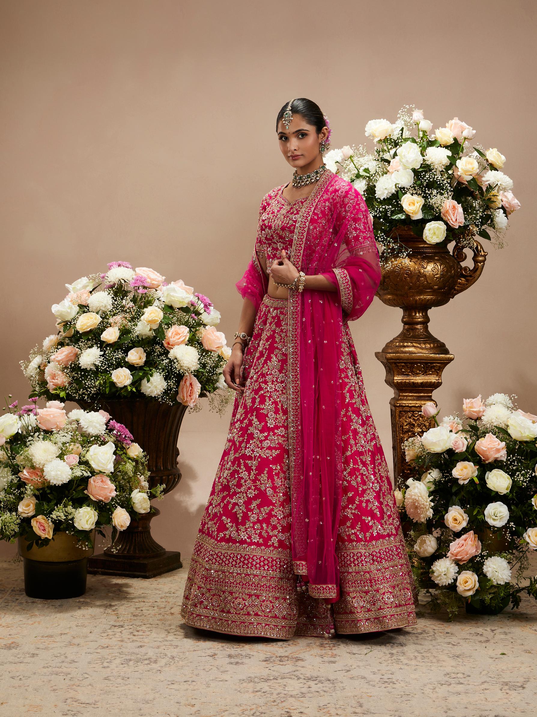 Twamev Women Rani Pink Bel Buti Embroidered Lehenga with Intricate Borders, Sequin And Stone Work
