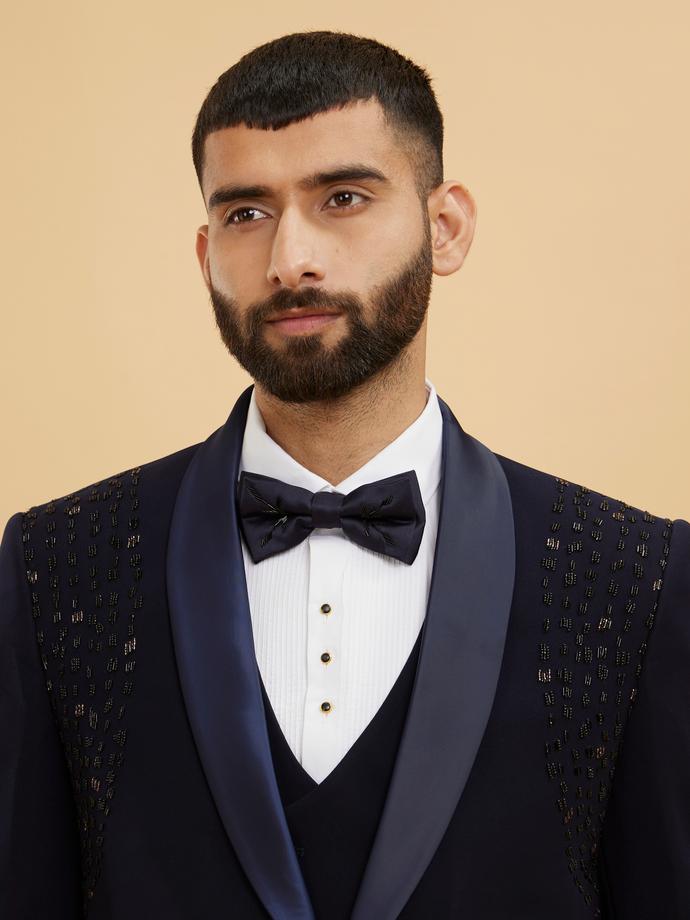 Twamev Men Midnight Blue Embellished Shawl Collared Tuxedo Suit Set