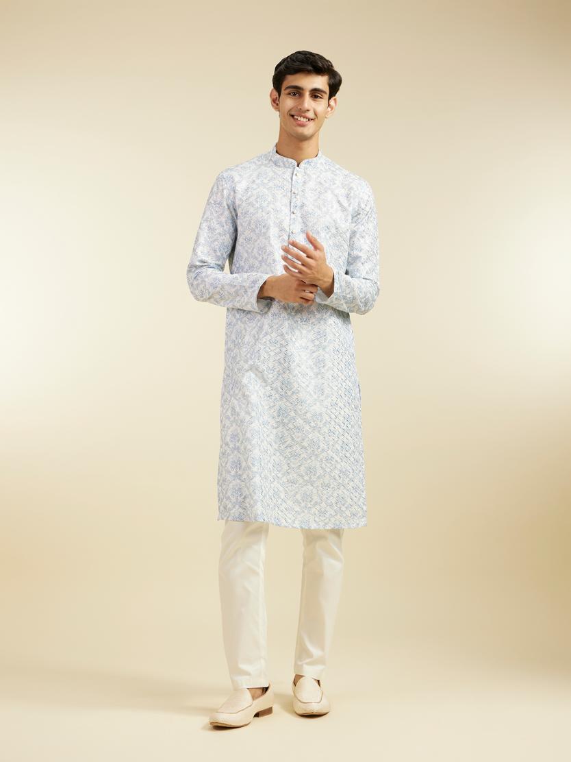 Diwas Men Ice Blue Jaal Medallion Patterned Kurta