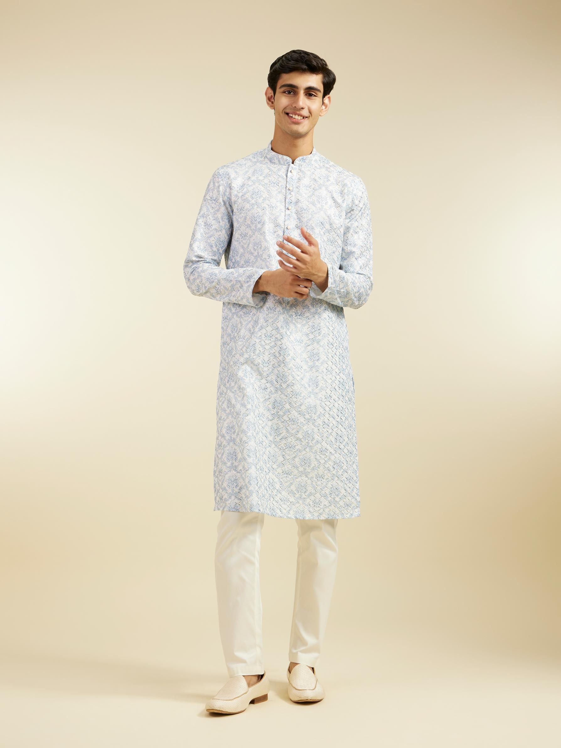 Diwas Men Ice Blue Jaal Medallion Patterned Kurta