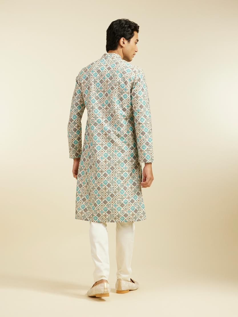 Diwas Men Aqua Green Chikankari Inspired Printed Kurta