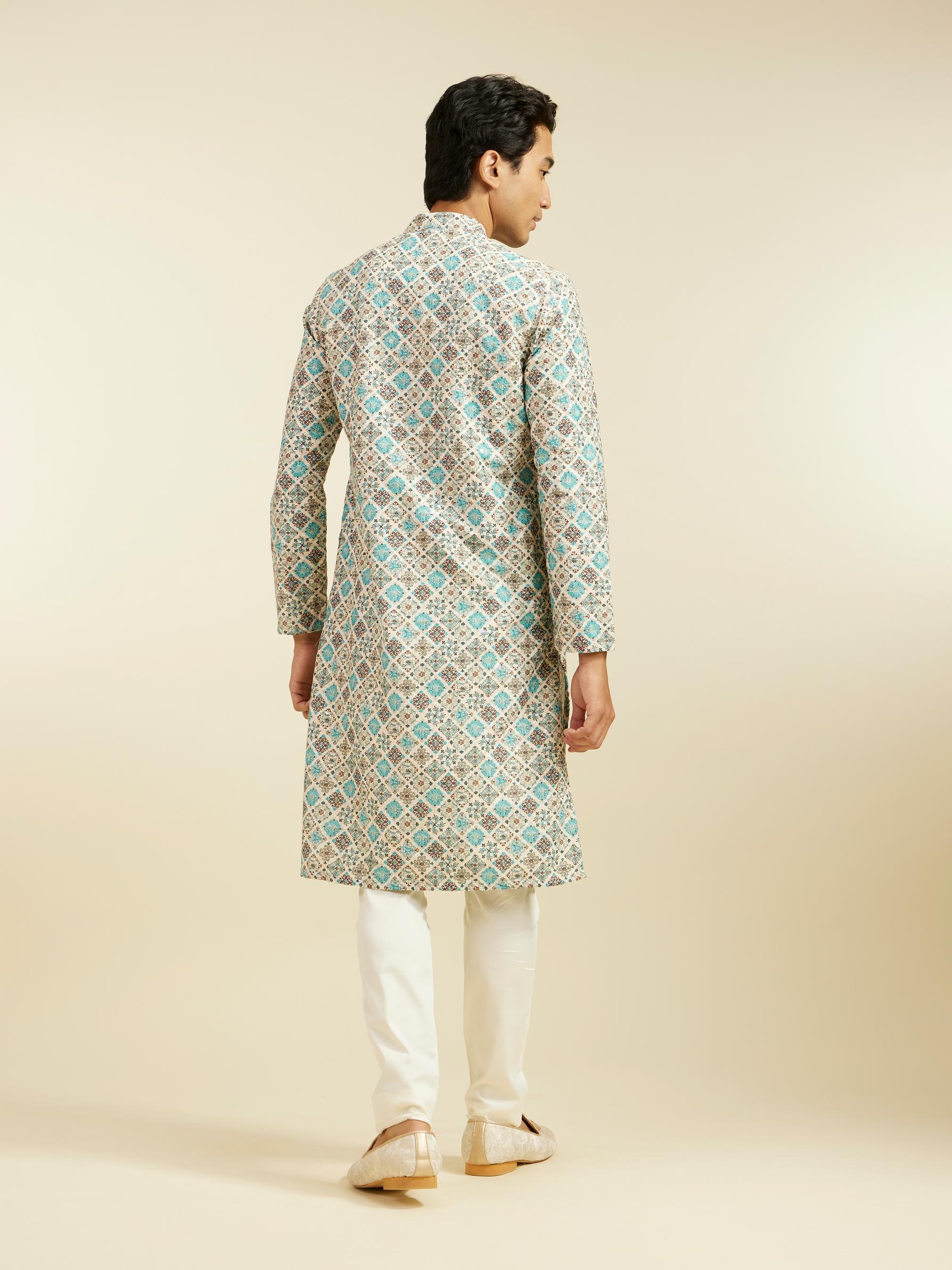 Diwas Men Aqua Green Chikankari Inspired Printed Kurta