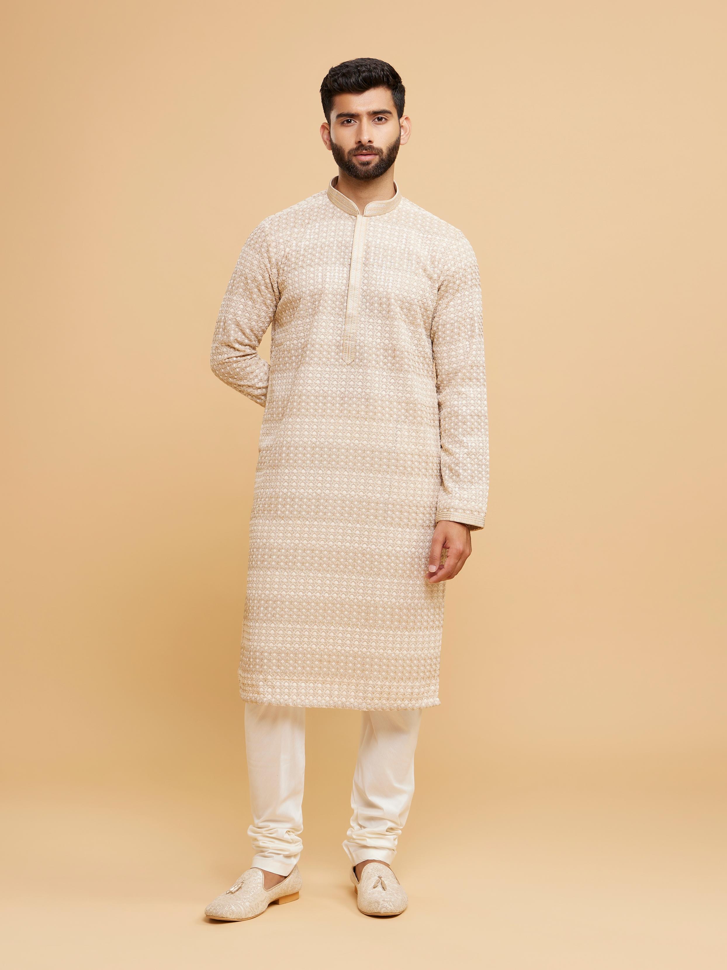 Twamev Men Radiant Beige Georgette Kurta Pajama