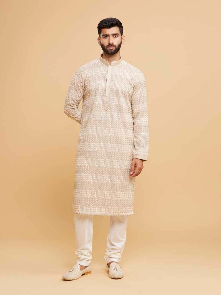 Twamev Men Radiant Beige Georgette Kurta Pajama