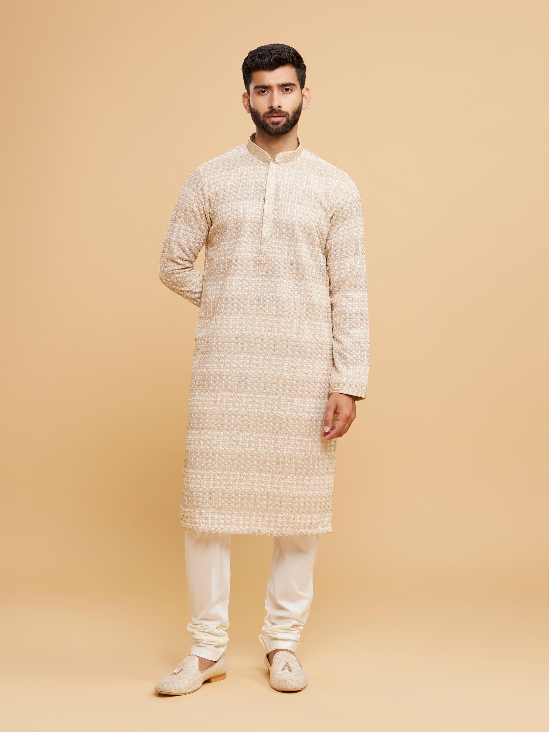 Twamev Men Radiant Beige Georgette Kurta Pajama
