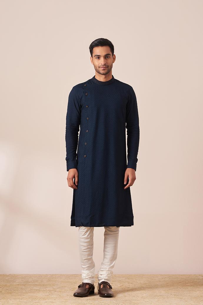 Twamev Men Navy Blue Side Open Kurta Pajama