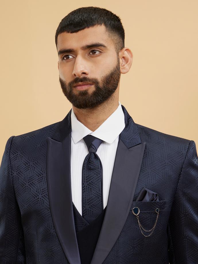 Twamev Men Navy Blue Self Patterned Tuxedo Suit Set