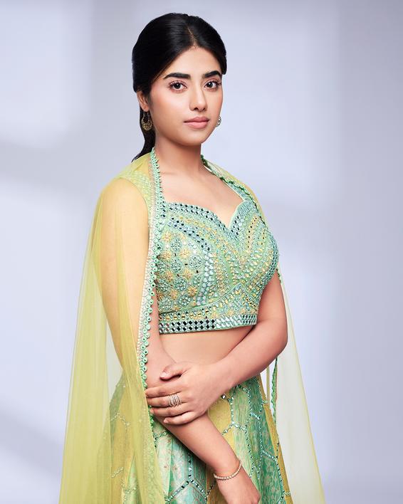 Twamev Women Yellow and Pista Green Bel Buti Hexagon Patterned Skirt Top