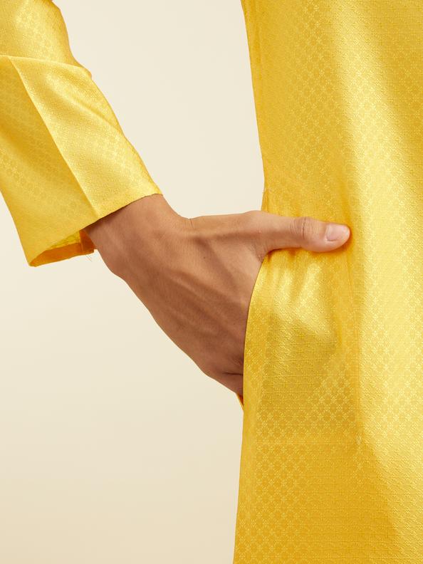 Diwas Men Sunshine Yellow Lattice Patterned Kurta with Embroidered Neckline