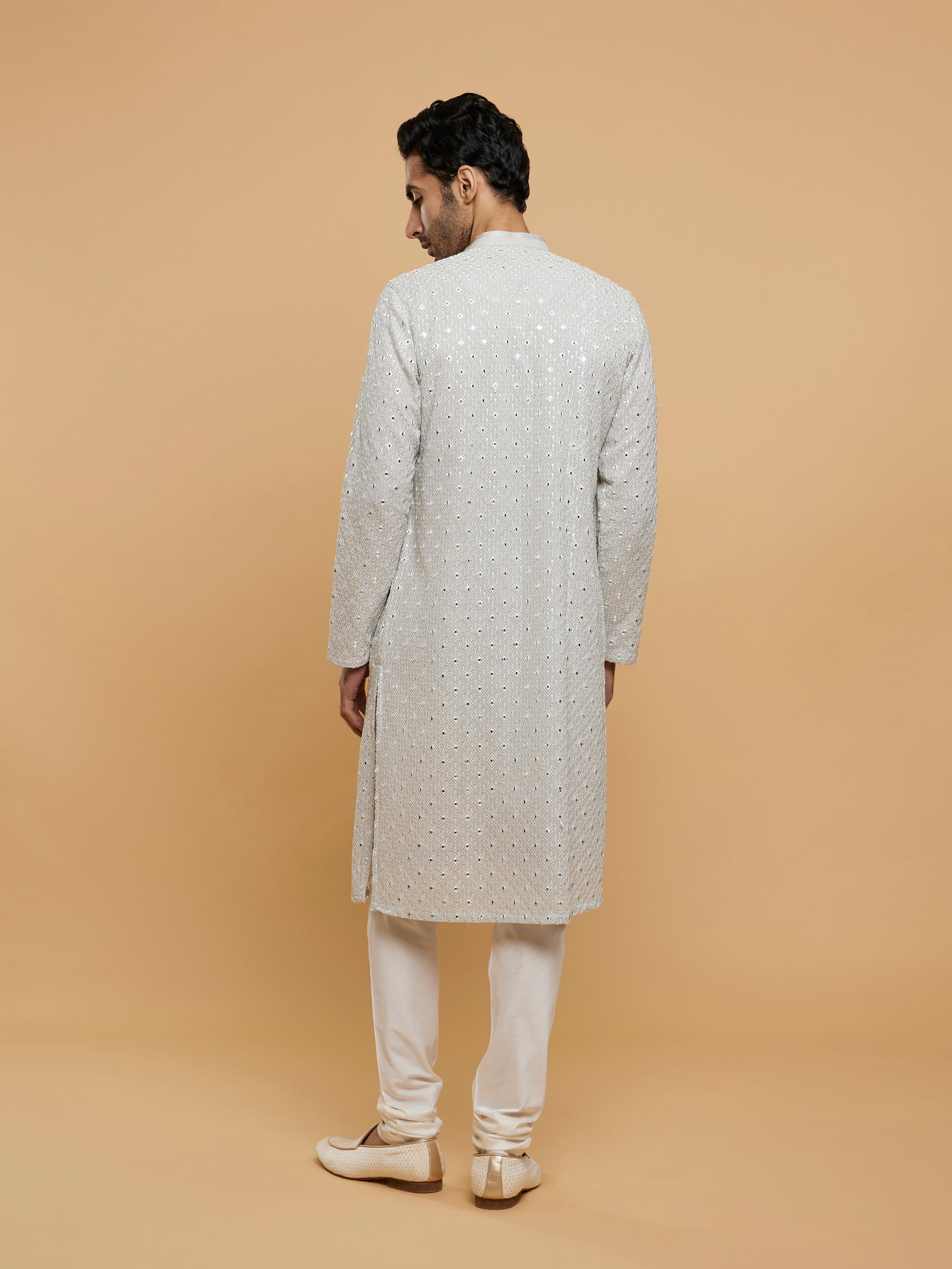 Twamev Men Smoke Grey Chikankari Kurta Set with Mirror Work
