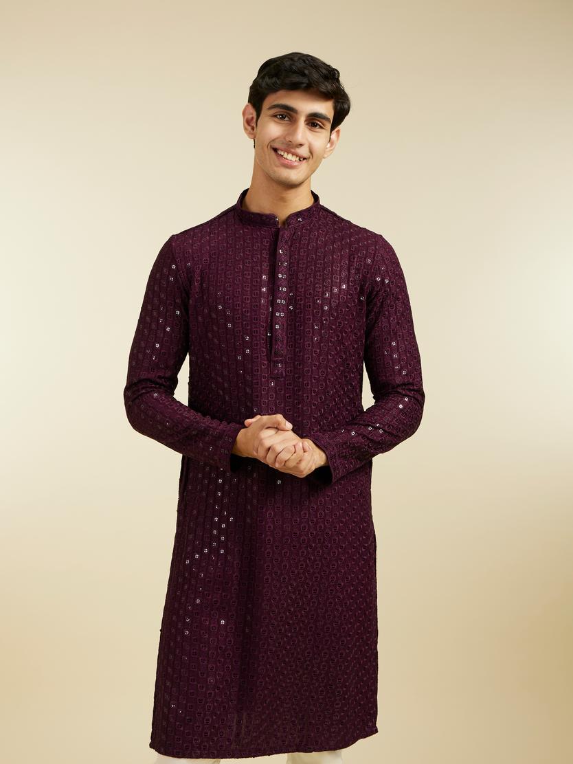 Diwas Men Royal Purple Chikankari Sequinned Kurta