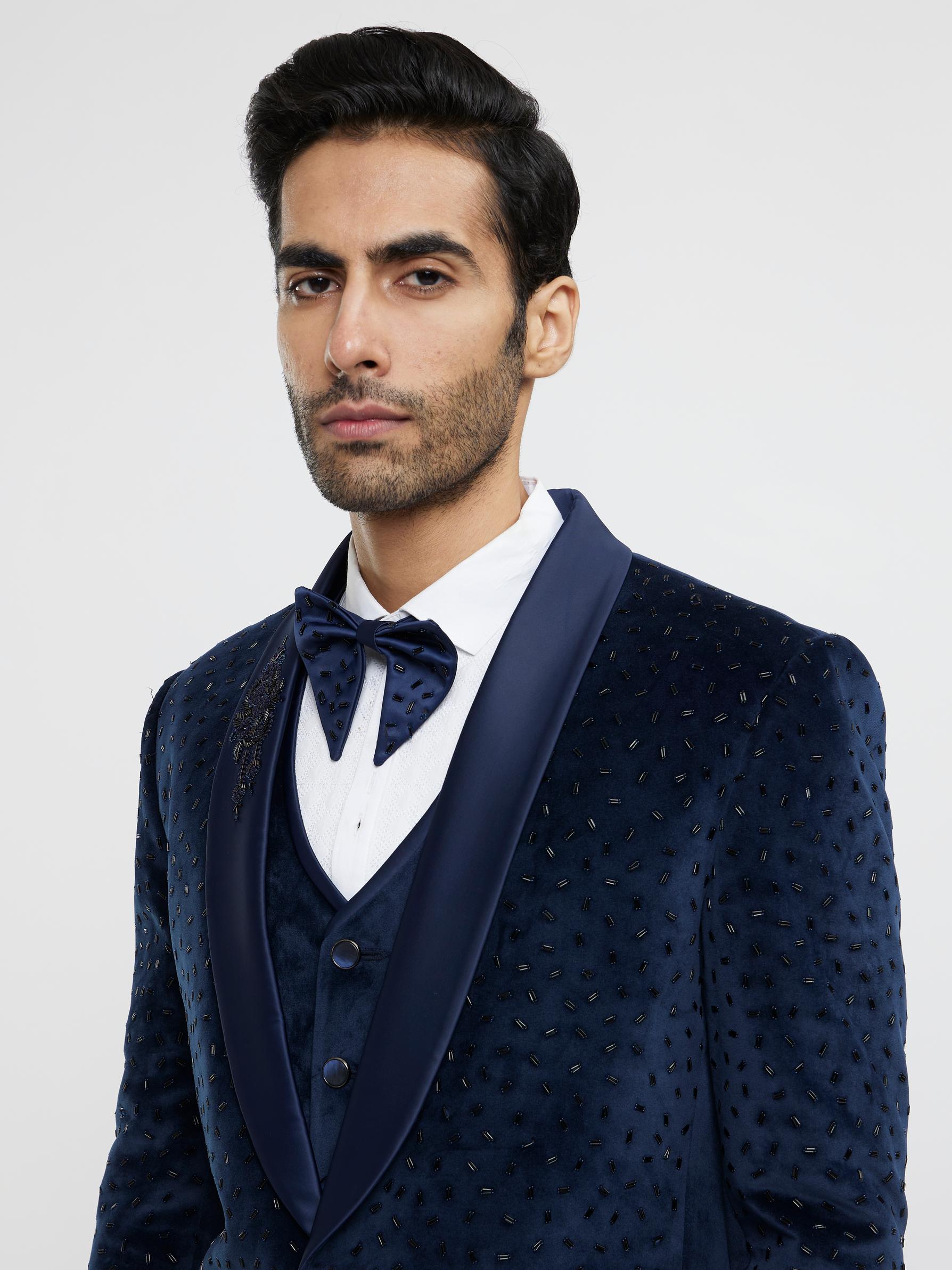Twamev Men Midnight Blue Cutdana Embellished Tuxedo Suit Set