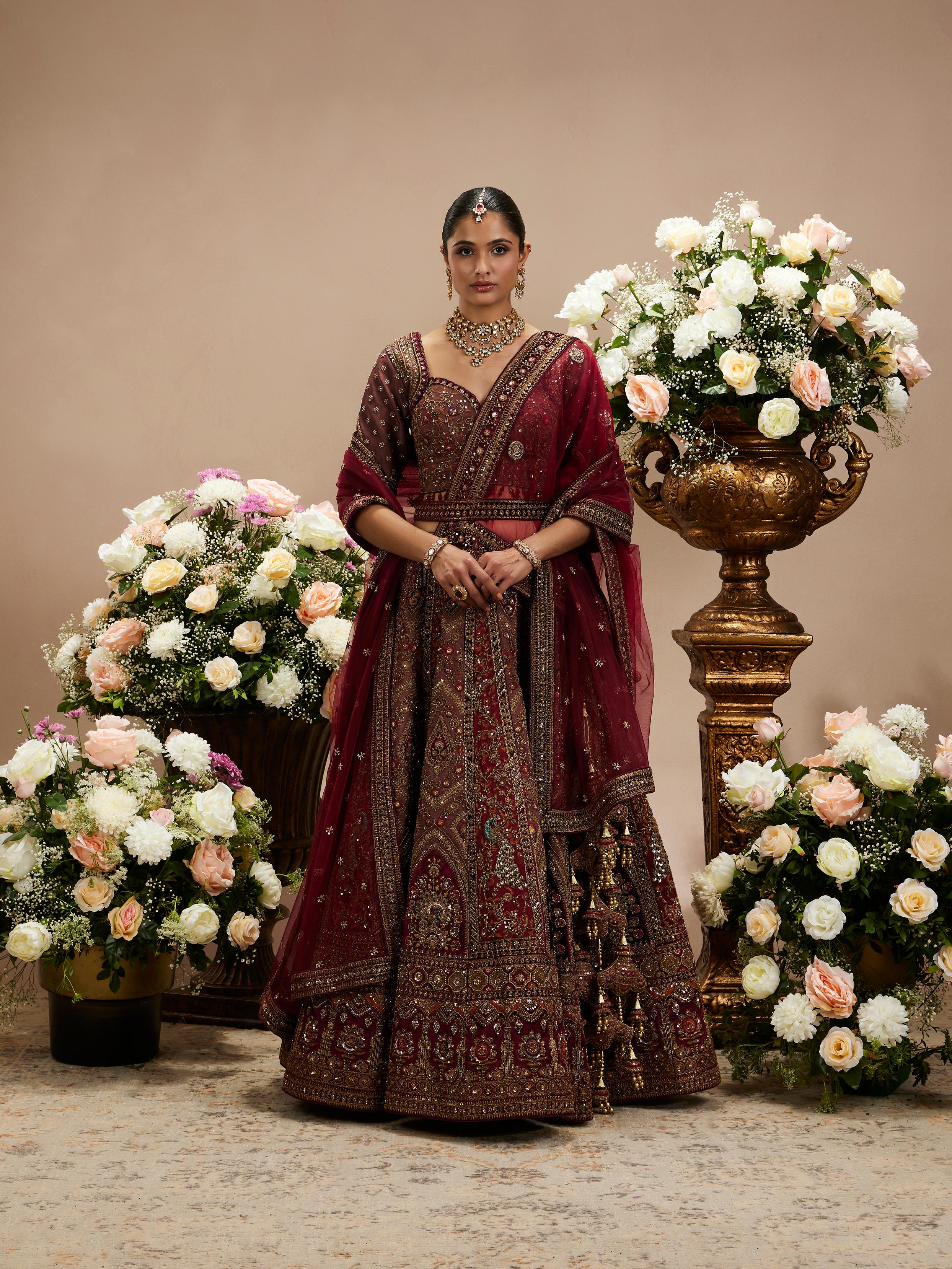 Twamev Women Maroon Red Jhallar Patterned Lehenga with Peacock And Pillow Trim Latkans