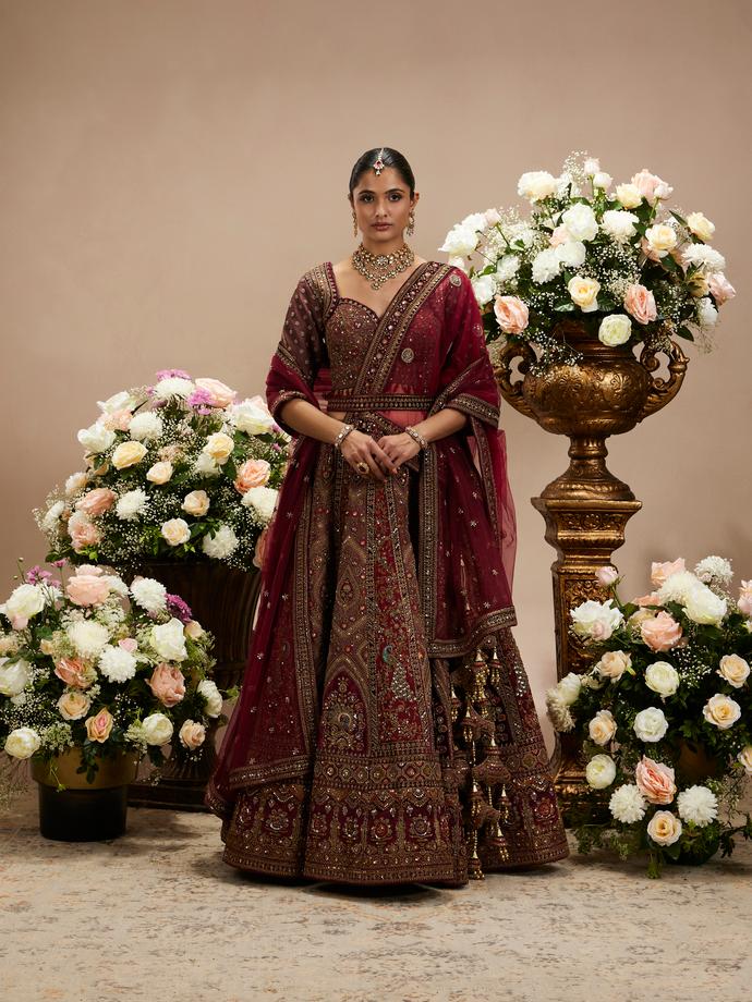 Twamev Women Maroon Red Jhallar Patterned Lehenga with Peacock And Pillow Trim Latkans