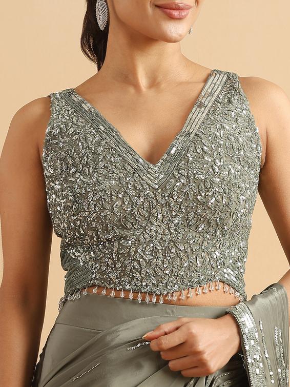Twamev Women Sea Green Satin Party Saree