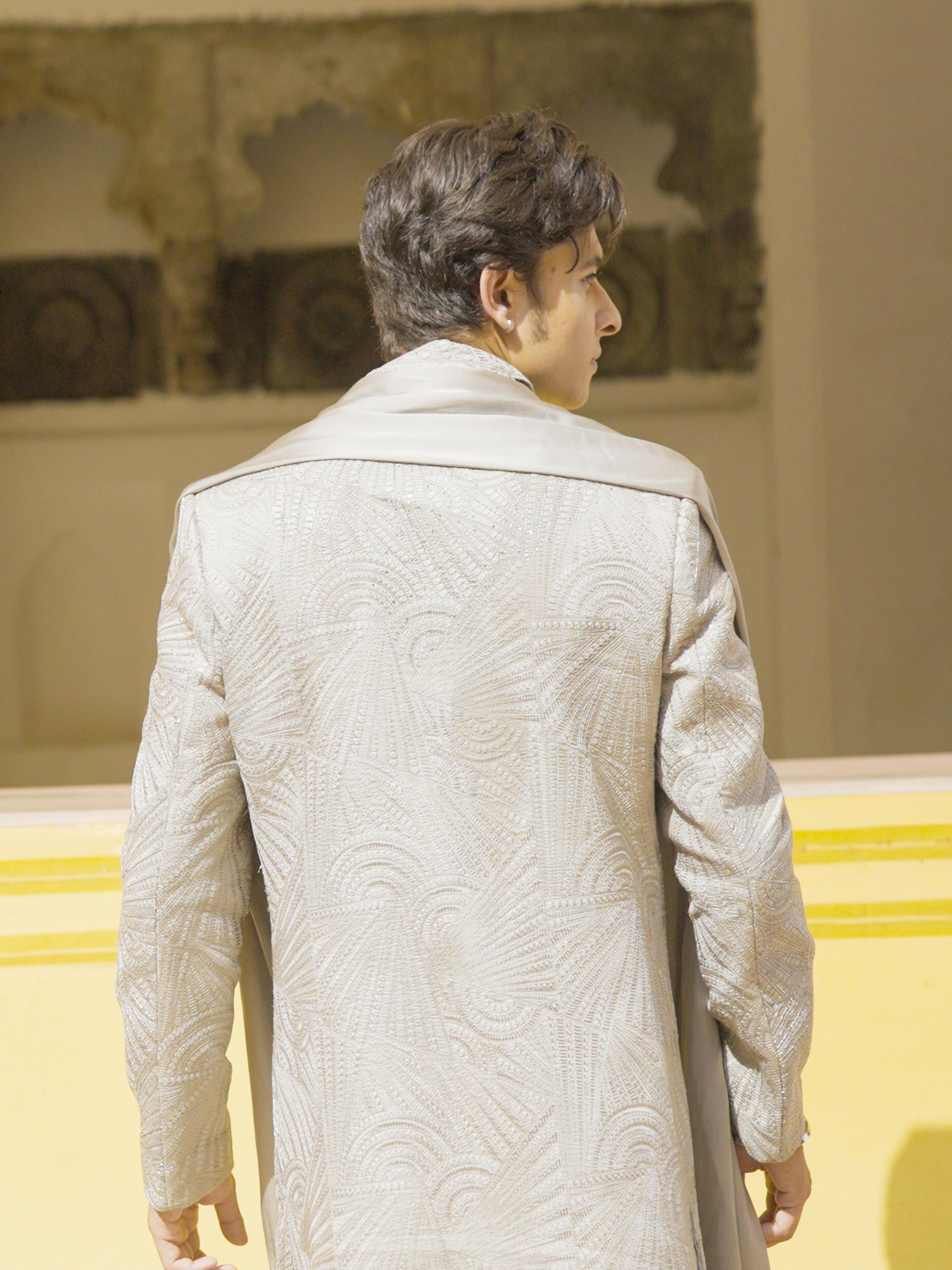 Twamev Men Steel Grey Self Embroidered Sherwani Set with Geometric Patterns