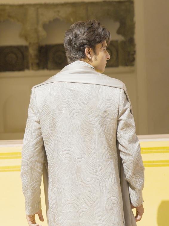 Twamev Men Steel Grey Self Embroidered Sherwani Set with Geometric Patterns