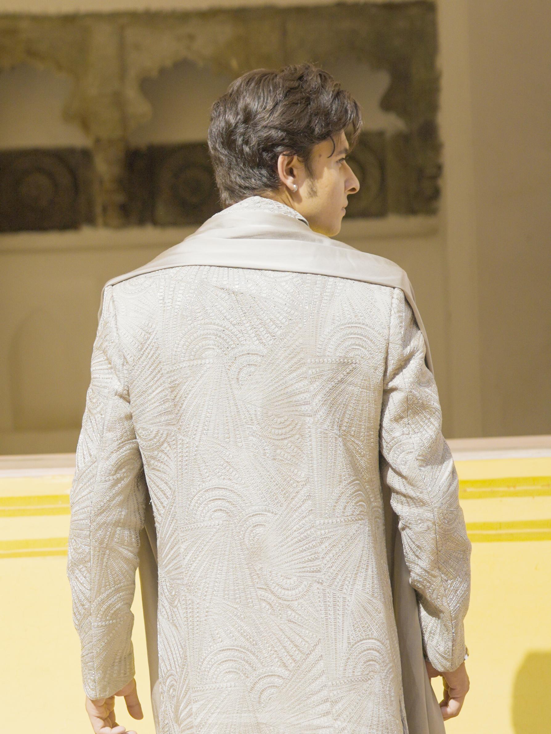 Twamev Men Steel Grey Self Embroidered Sherwani Set with Geometric Patterns
