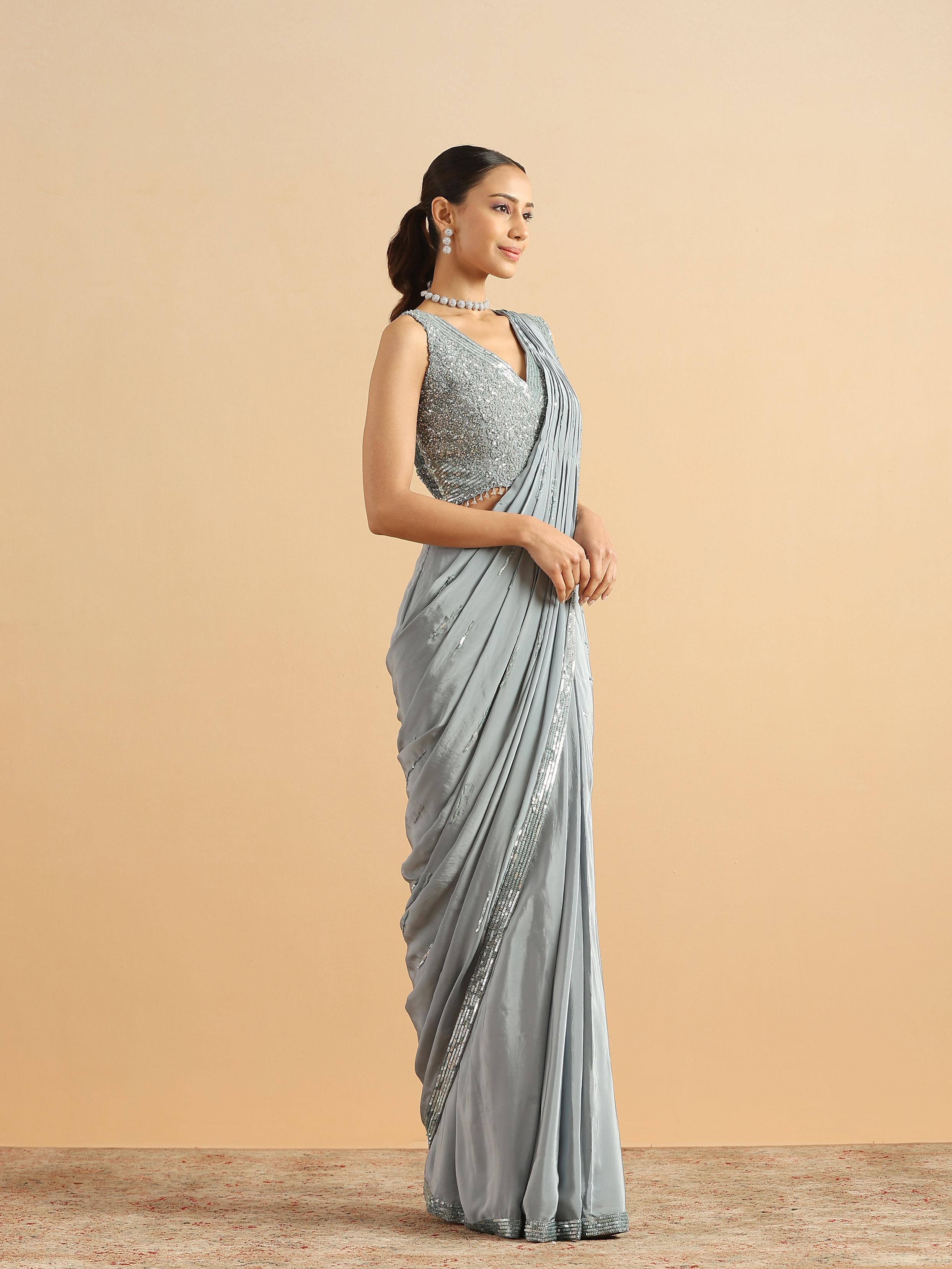 Twamev Women Serene Sky Blue Satin Party Saree