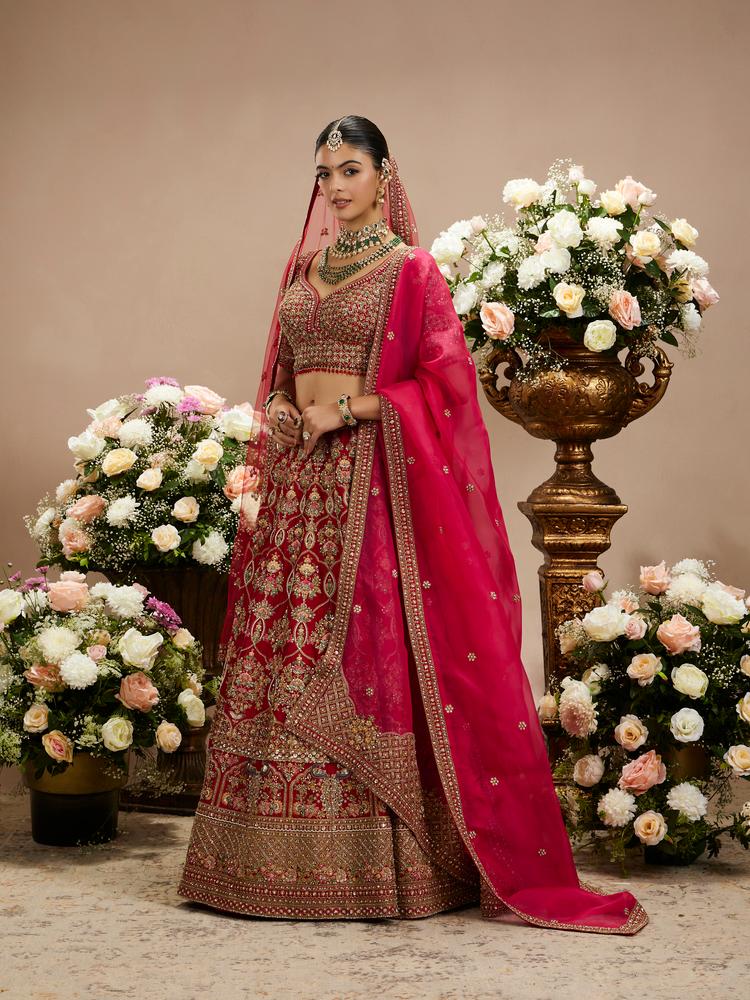 Twamev Women Scarlet Red Jaal Patterned Lehenga with Darbar, Floral Motifs And Sequin Work