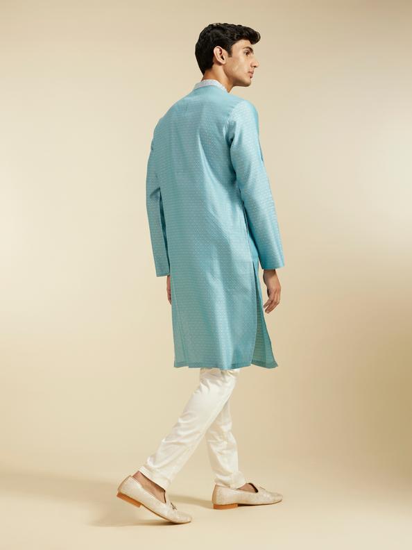 Diwas Men Powder Blue Floral Buta Patterned Kurta with Sequinned Neckline