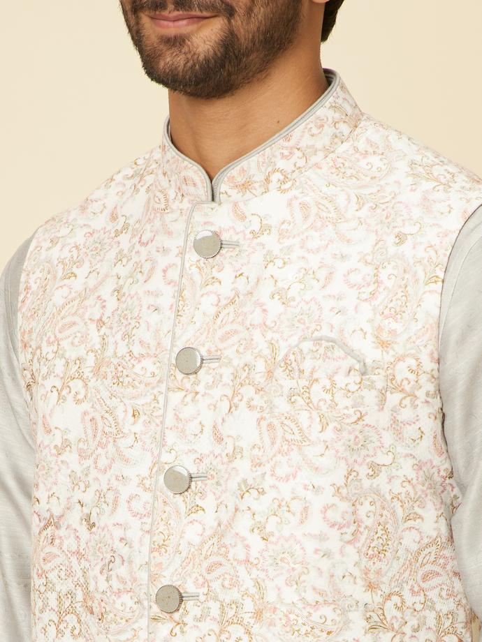 Twamev Men Warm White Light Grey Floral Bel Buti Patterned Jacket