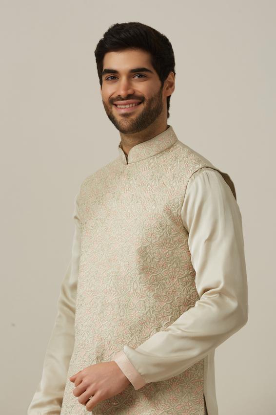 Twamev Men Pista Patterned Kurta Jacket Set