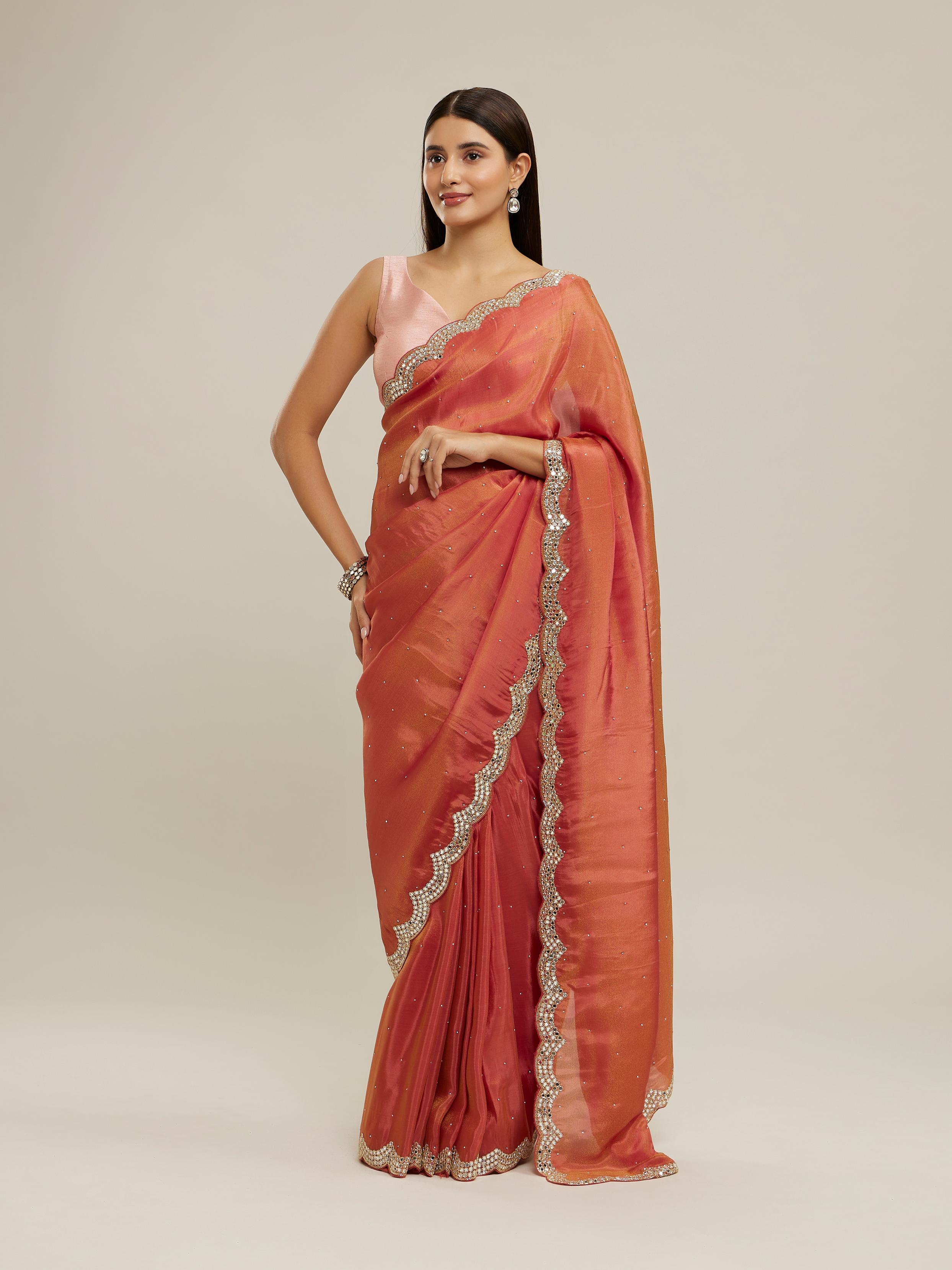 Twamev Women Glorious Rust Red Tissue Saree