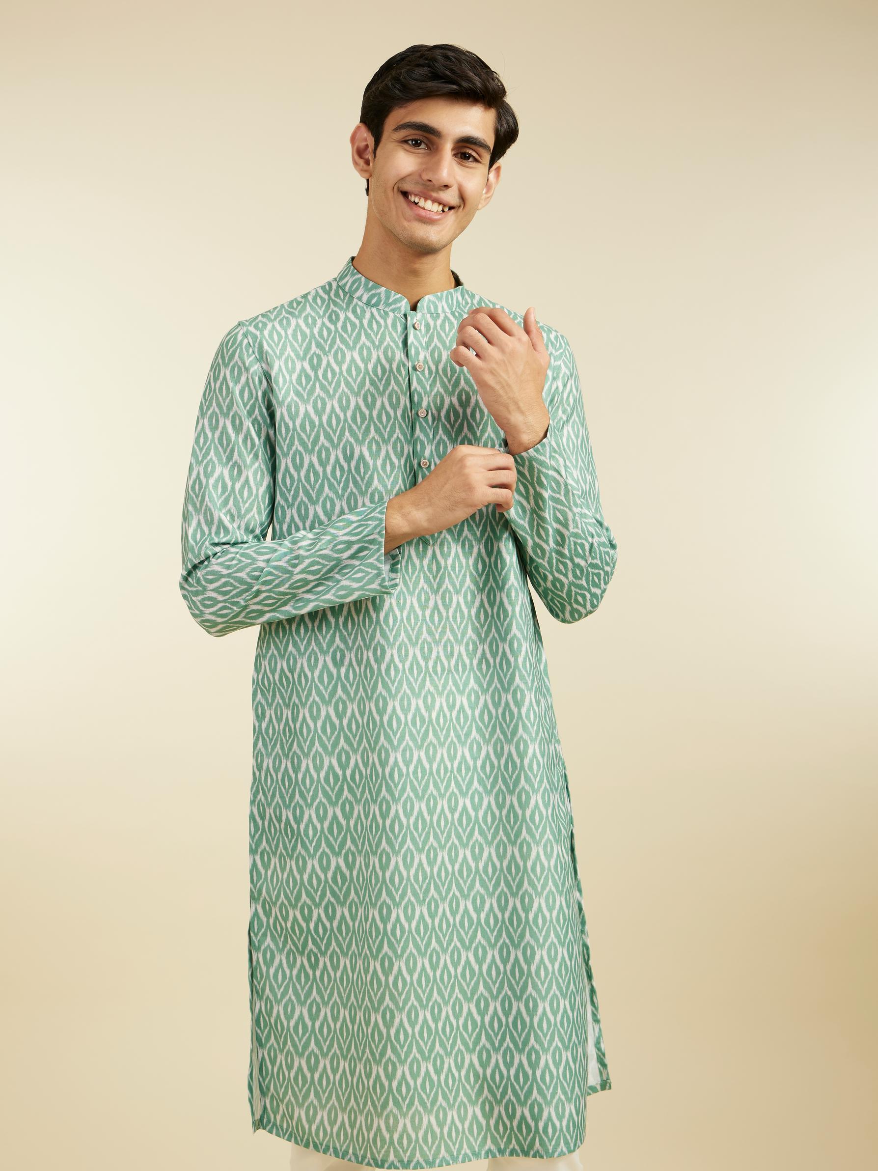 Diwas Men Pistachio Green Ikat Printed Kurta