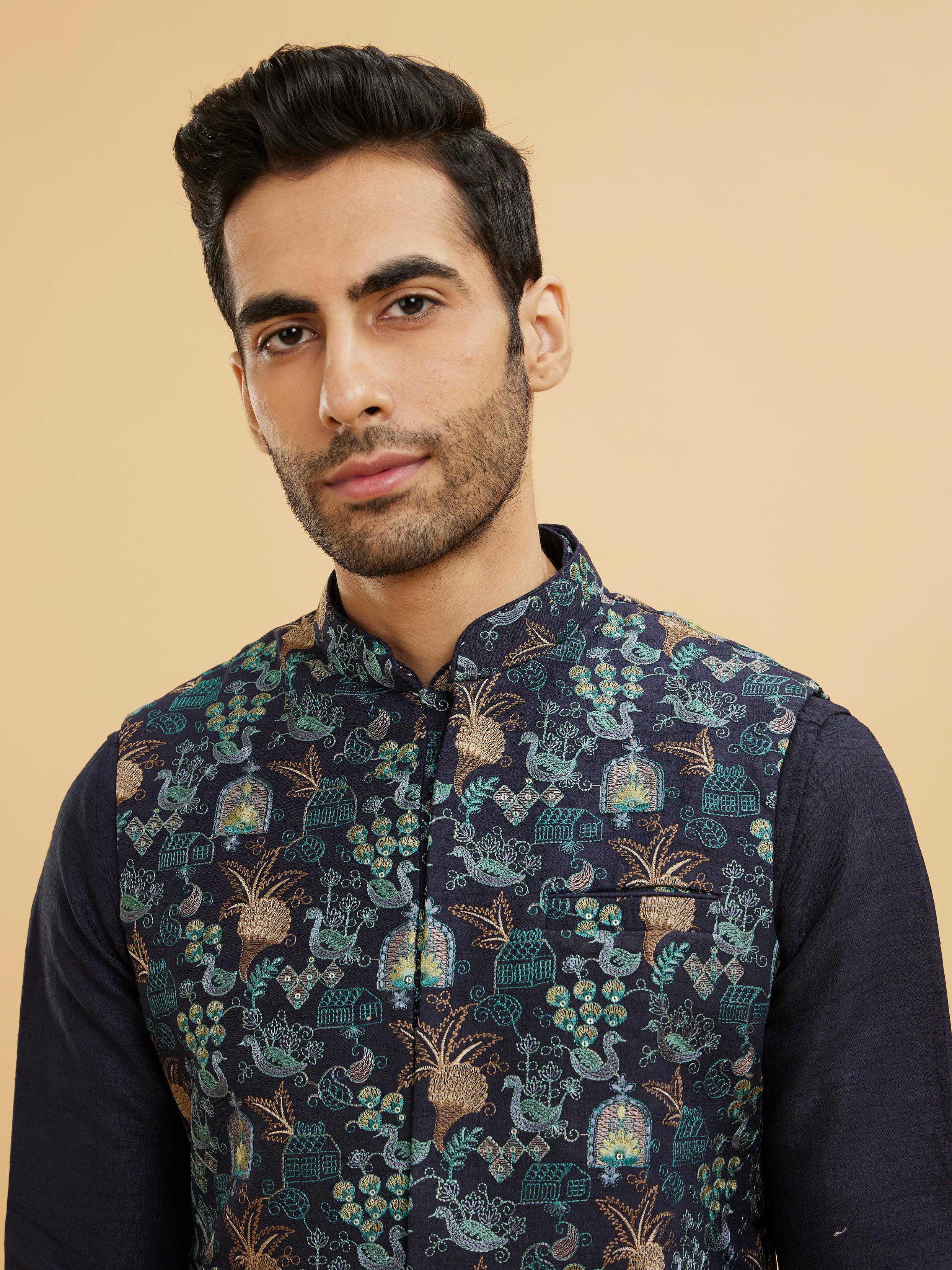 Twamev Men Navy Blue Kurta Set with Village Inspired Motifs