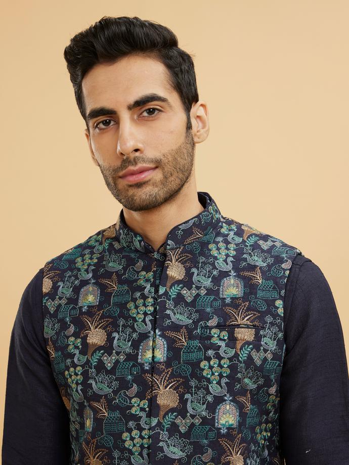 Twamev Men Navy Blue Kurta Set with Village Inspired Motifs