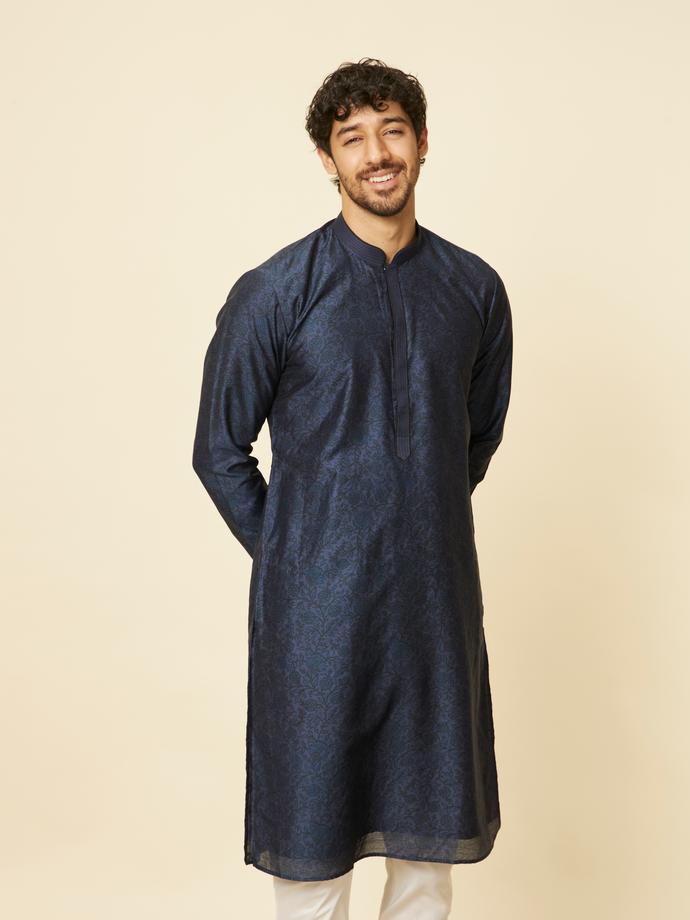 Twamev Men Indigo Blue Bel Buti Patterned Kurta Set