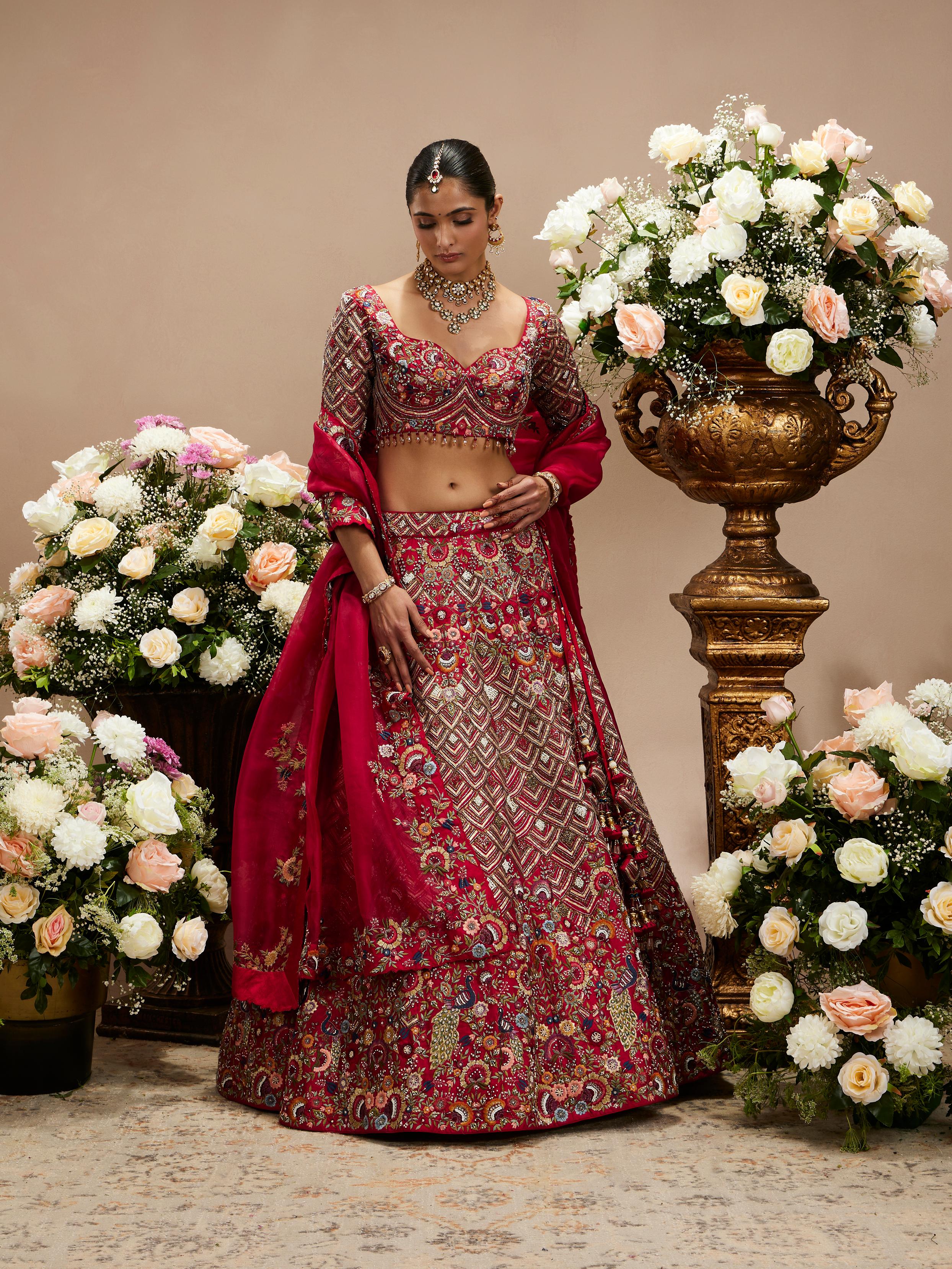 Twamev Women Tomato Red Fish Scale Patterned Lehenga with Floral Embroidery And Peacock Motifs