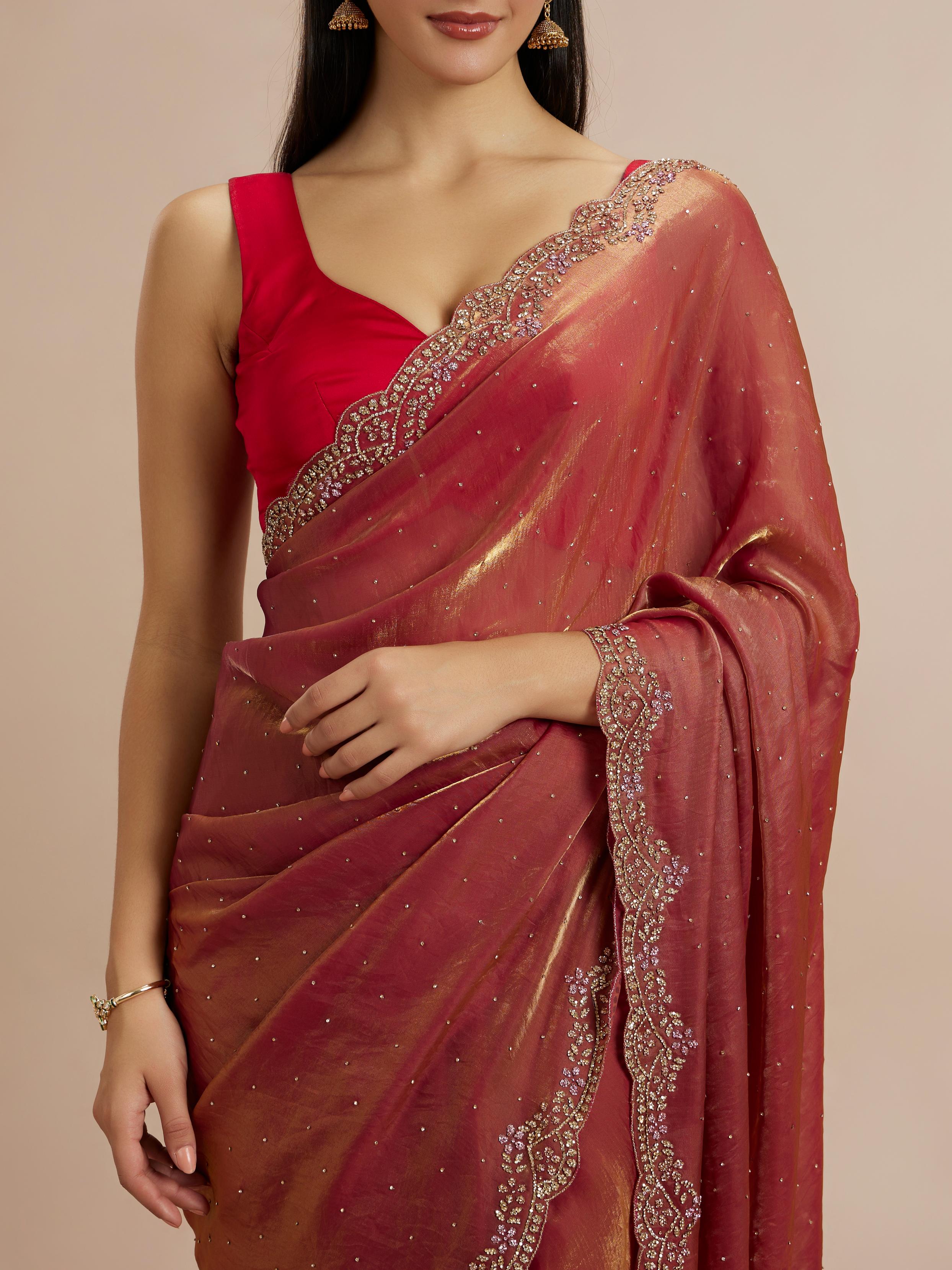 Twamev Women Radiant Rust Red Satin Saree