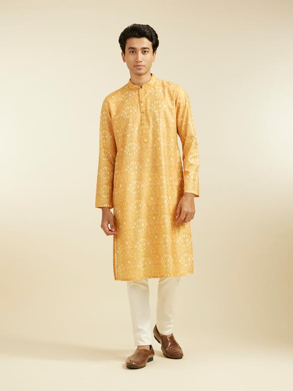 Diwas Men Mustard Yellow Kaleidoscopic Square Printed Kurta