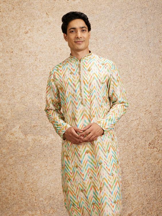 Twamev Men Beige Multicoloured Chevron Patterned Kurta Set