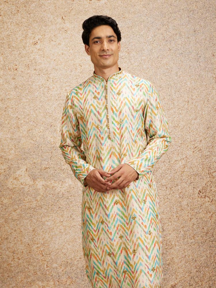 Twamev Men Beige Multicoloured Chevron Patterned Kurta Set