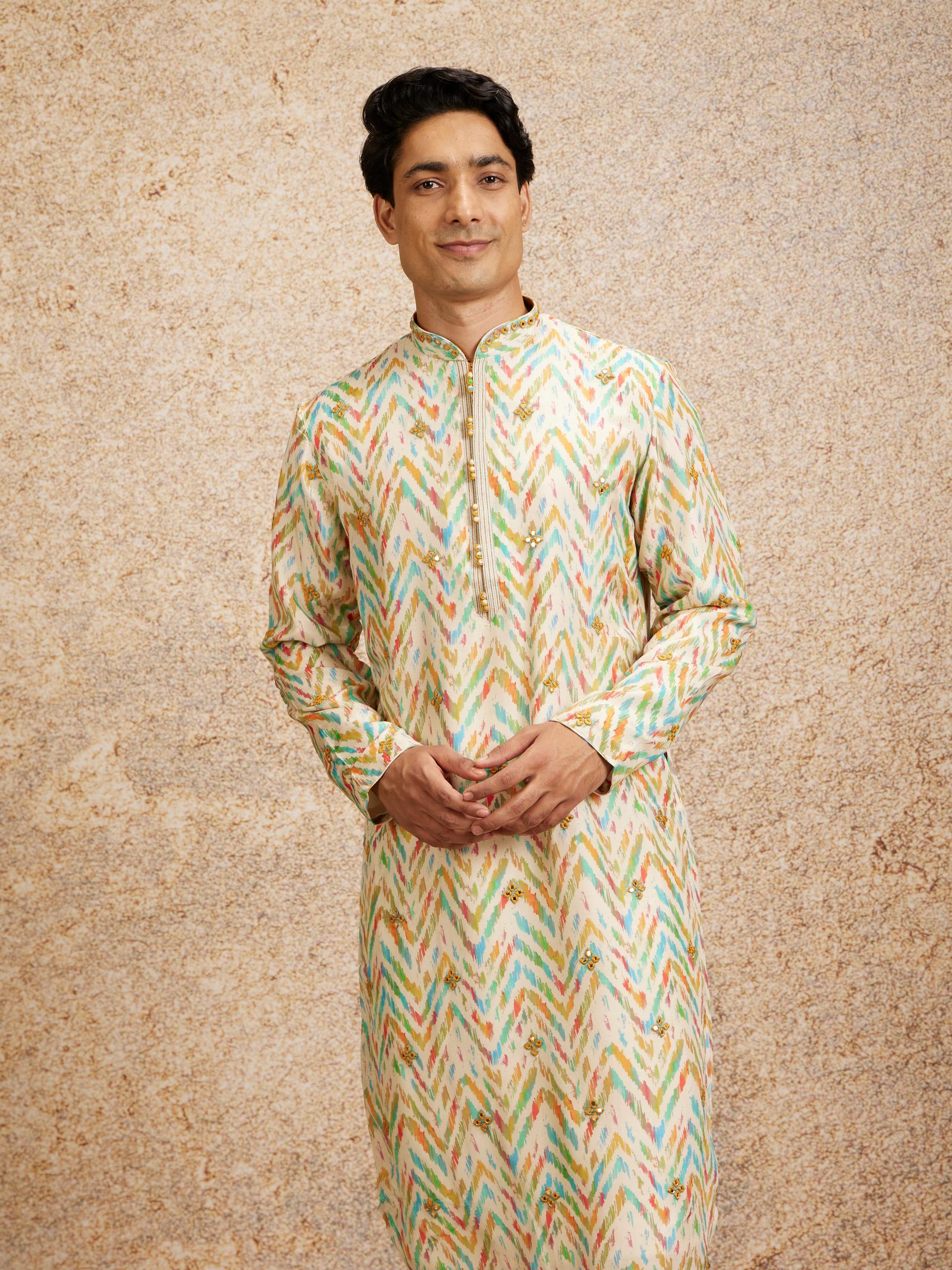 Twamev Men Beige Multicoloured Chevron Patterned Kurta Set