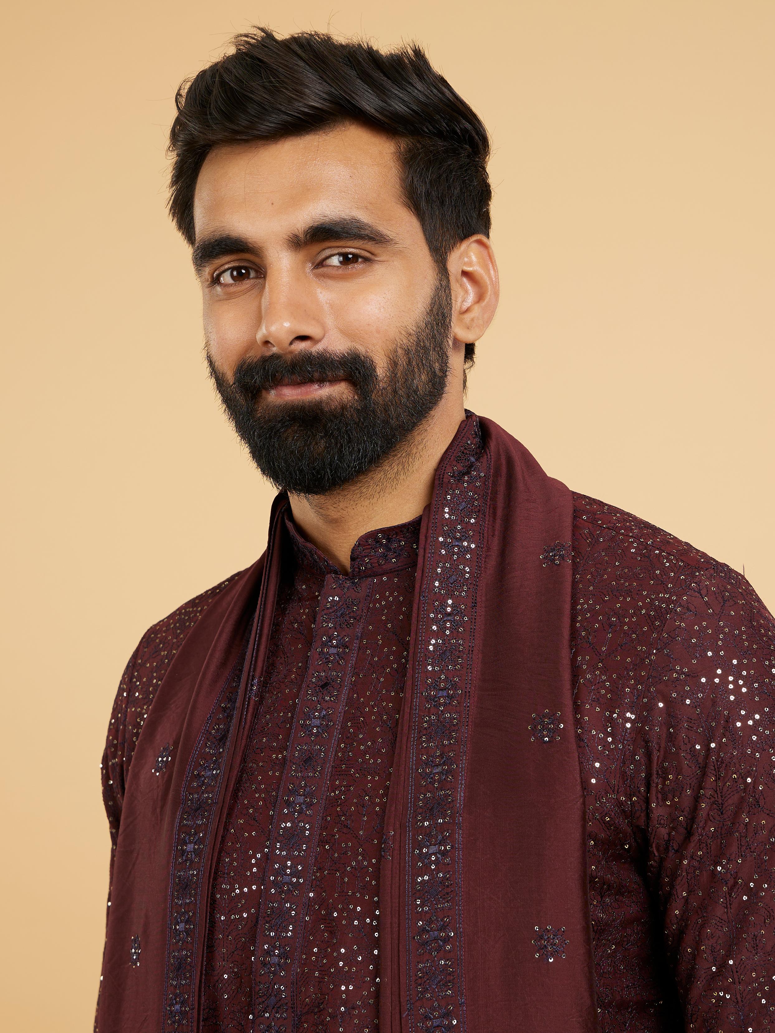 Twamev Men Glamorous Wine Kurta Set with Dupatta