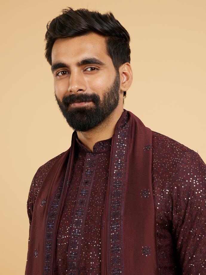 Twamev Men Glamorous Wine Kurta Set with Dupatta