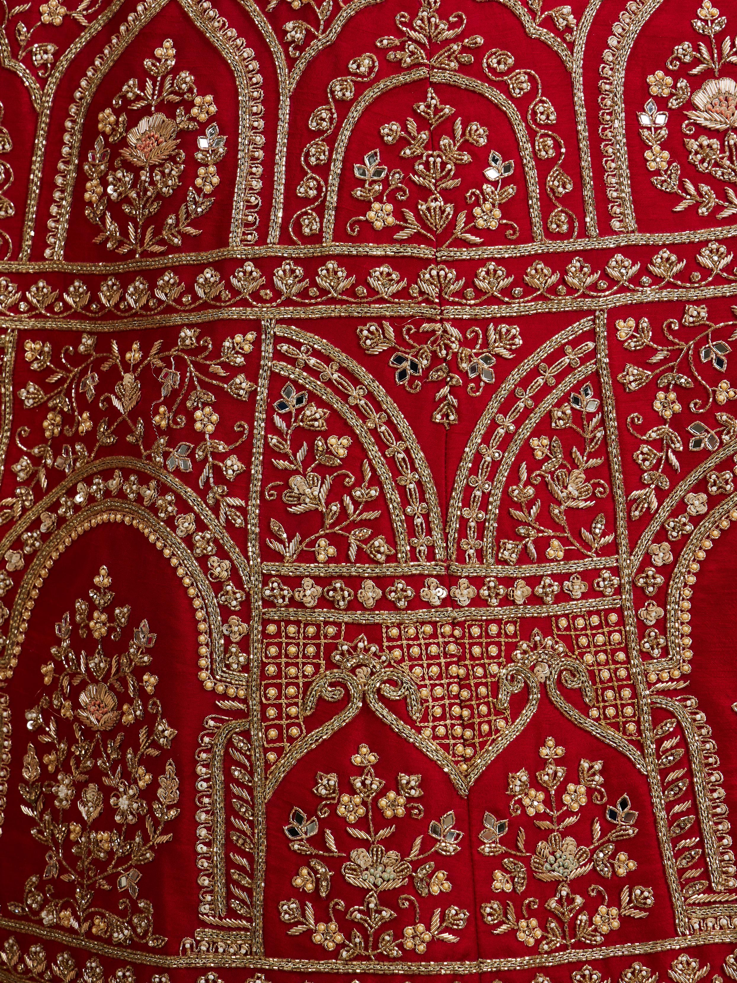 Twamev Women Scarlet Red Floral Embroidered Lehenga with Darbar Motifs