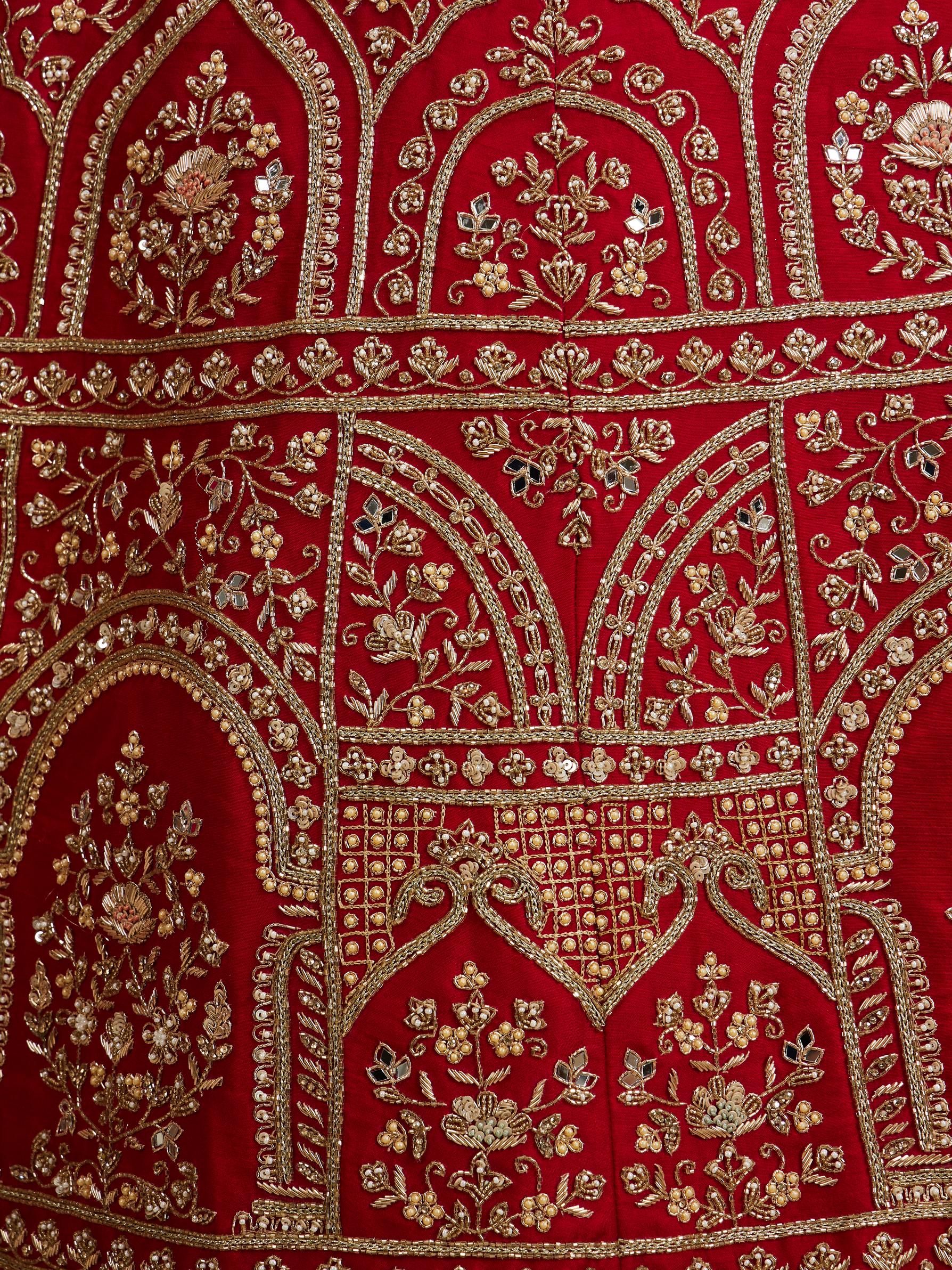 Twamev Women Scarlet Red Floral Embroidered Lehenga with Darbar Motifs